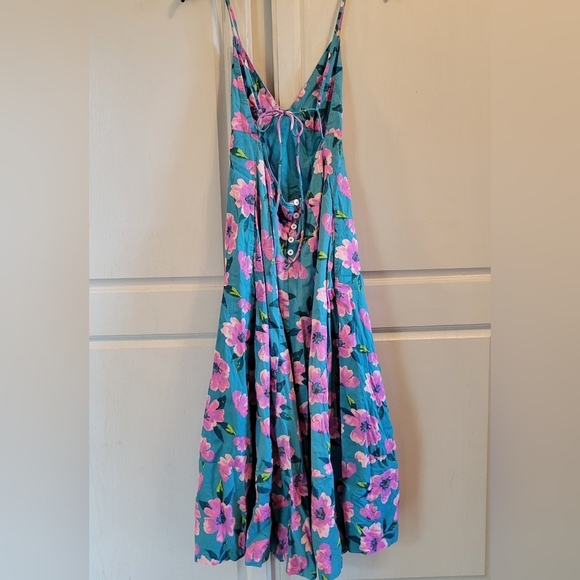 Free People Teal Pink Floral Open Back Midi Dress - Picture 3 of 11